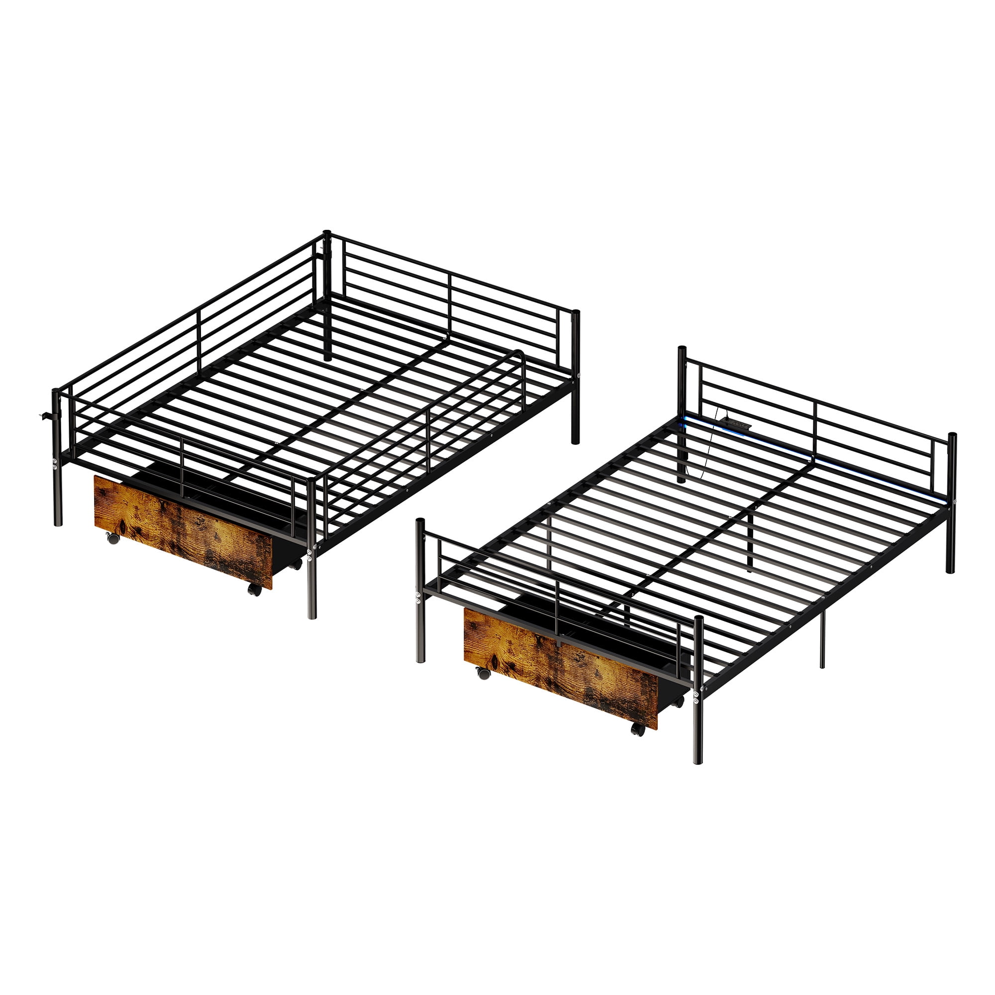 MAYEERTY Full Over Full Metal Bunk Bed, Heavy Duty Frame with LED Lights, USB Ports and Storage Drawer for Kids Adults Room, Black