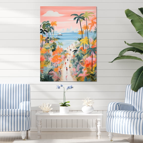Designart "Coastal Beach Scene Paradise in Pastel Colors IV" Coastal Canvas Wall Art - Coastal Pink Coastal Beach Hallway Wall Art Decor