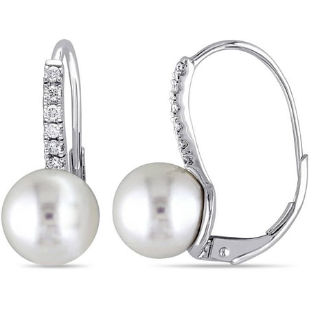 Miabella 8-8.5mm White Round Cultured Freshwater Pearl and Diamond-Accent 10kt White Gold Leverback Earrings