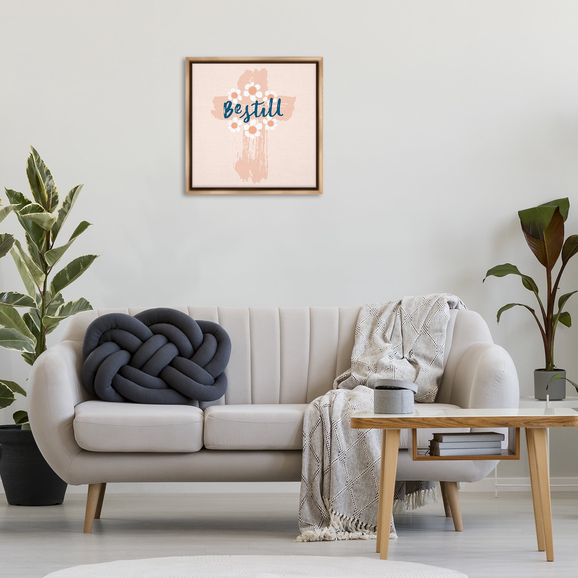 Stupell Industries Be Still Pastel Cross Religious Painting Brown Floater Framed Art Print Wall Art, 25 x 25