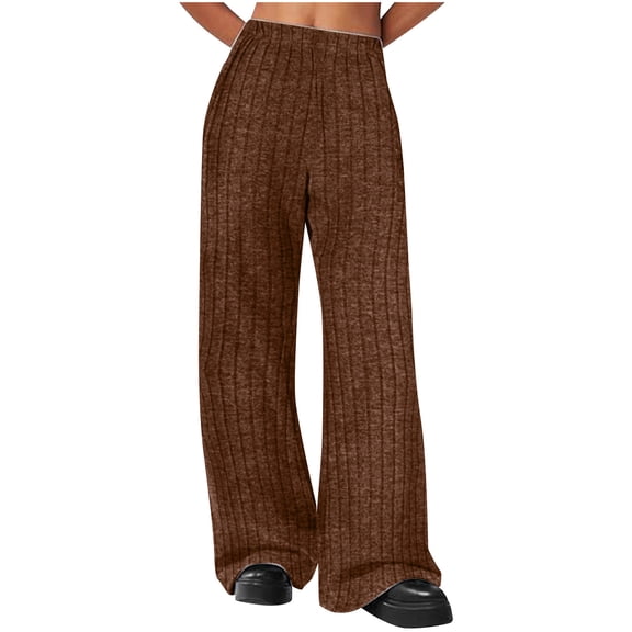 ZHYou Womens High Waist Wide Leg Lounge Pants,Ribbed Knit Loose Trousers,Flowy Comfy Thick Sweatpants with Pockets ,Brown,Size XL