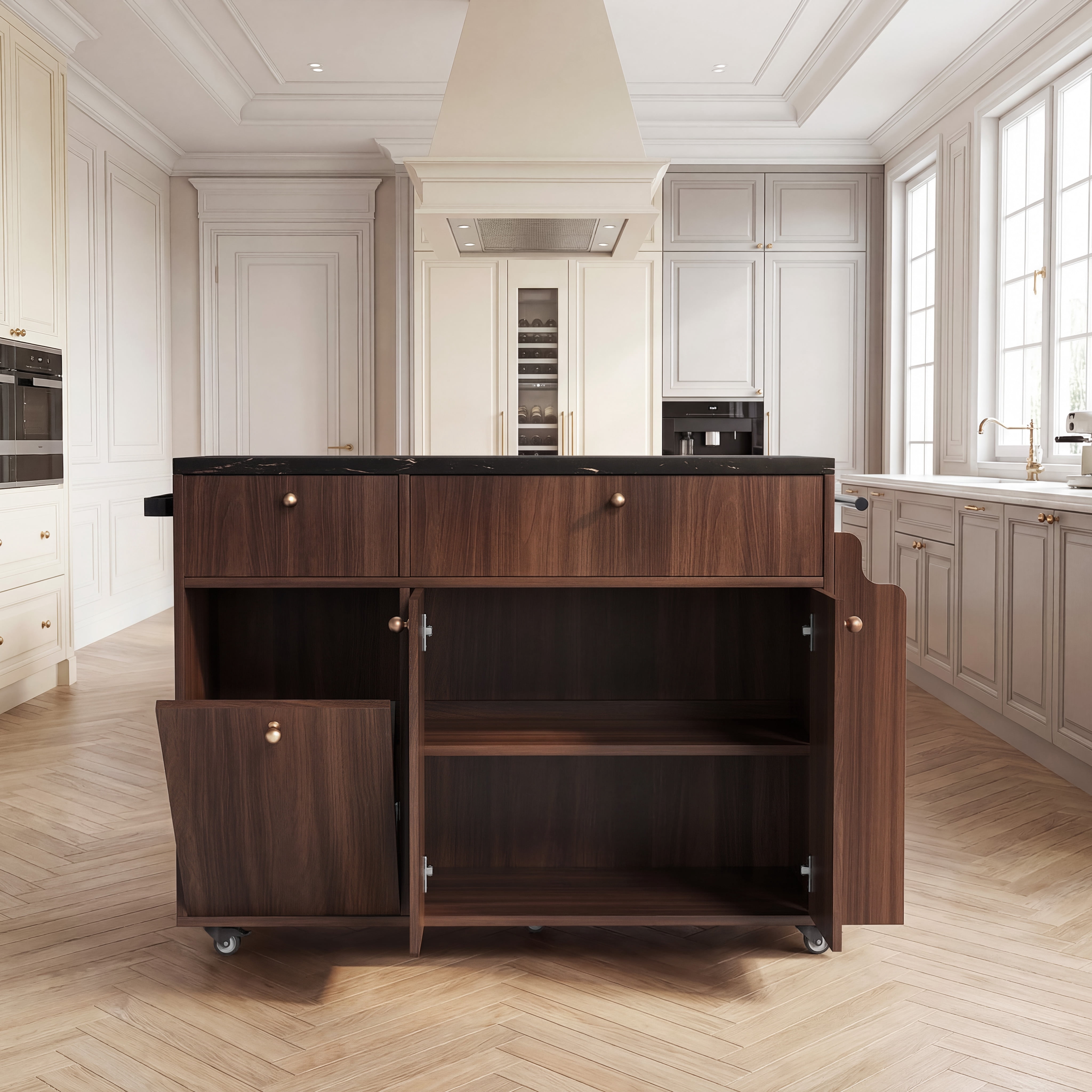 Mintazer Kitchen Island with Storage Rolling Kitchen Island Cart with Drop Leaf Extension, Drawers, Spice Rack, Towel Bar, Mobile Kitchen Cart for Kitchen & Dining Room, Walnut