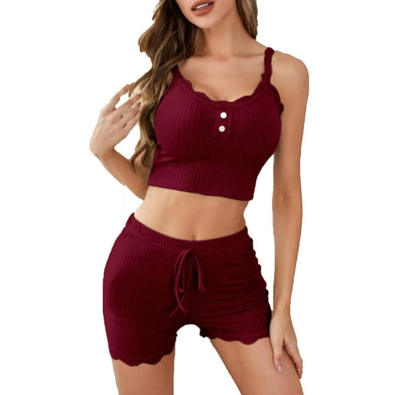 cfhntfmh Pajama Sets for Women Seamless Lace Spaghetti Strap Crop Camisole and Shorts 2 Piece Pjs Loungewear Sleepwear