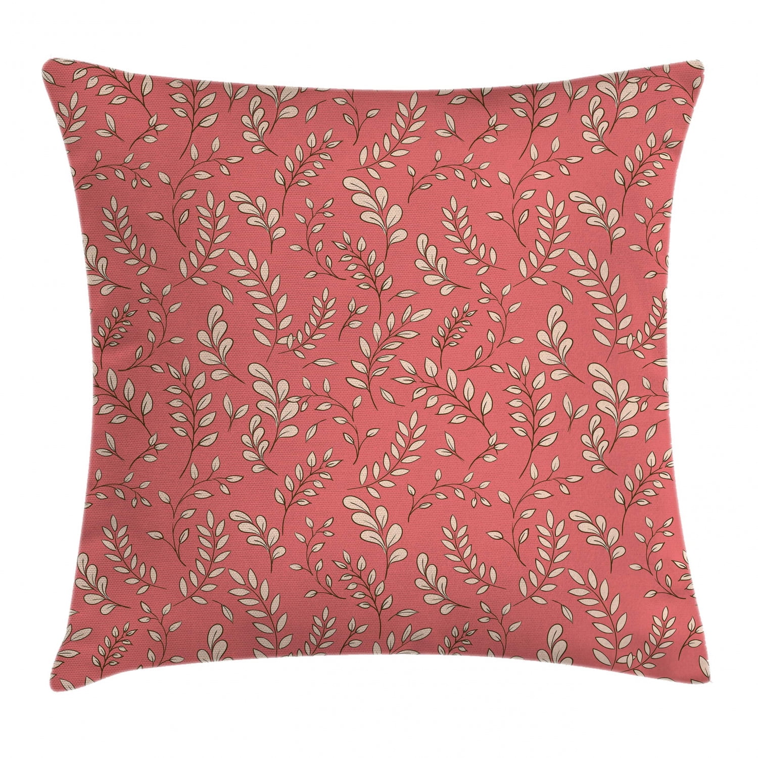 Coral Throw Pillow Cushion Cover, Leaves on Branches Botanical Theme
