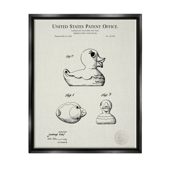 Stupell Industries Vintage Duck Toy Patent Graphic Art Jet Black Floating Framed Canvas Print Wall Art, Design by Karl Hronek