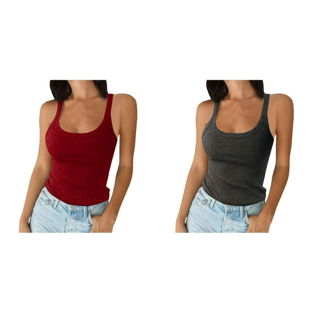 2 Pack(Wine 1PCS & Dark Gray 1PCS) 2X Tunic Tops Multipack Women Spaghetti Strap Neck Ribbed Tank Tops Slim Fitted Camisole Basic Sleeveless Layering Shirts