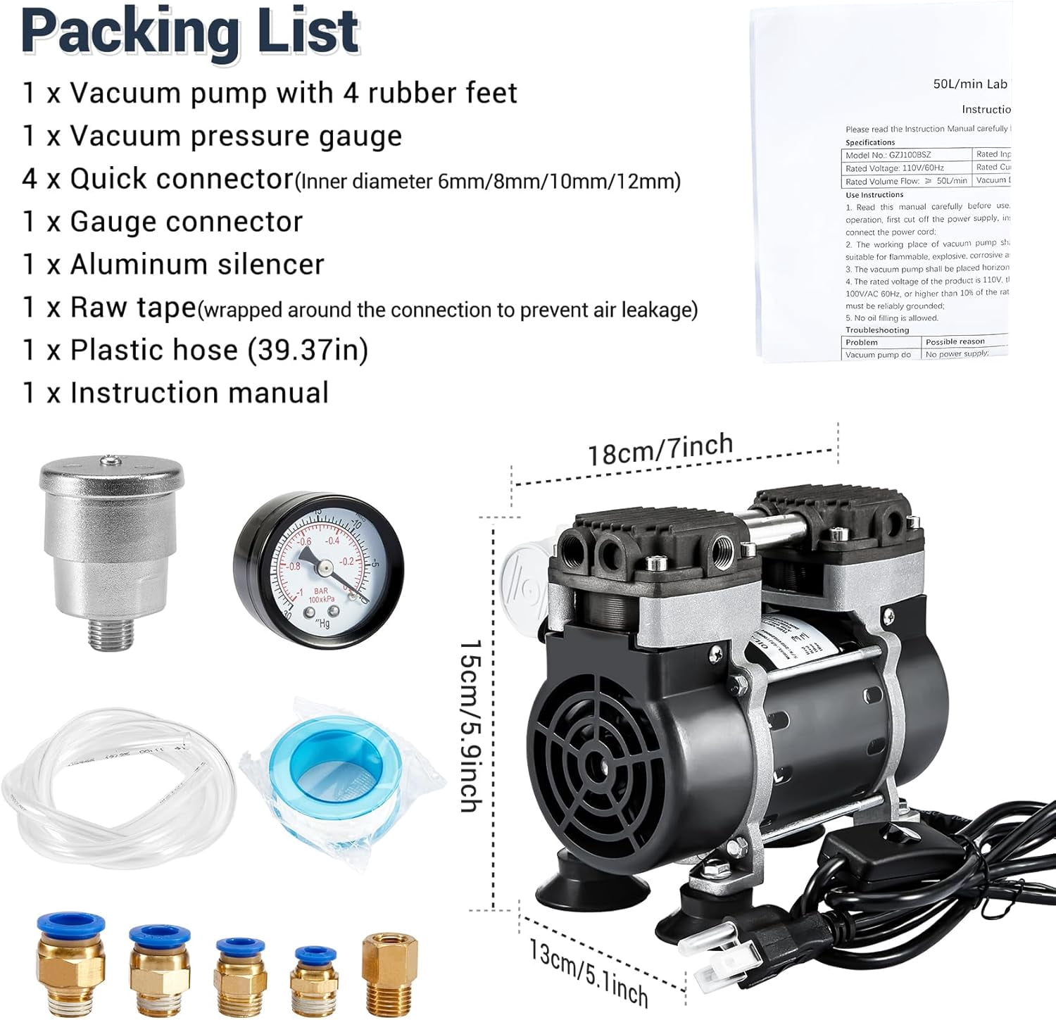 FOUR E's Scientific Vacuum Pump 50L/Min with Switch, Oilless Lab Pump with Vacuum Meter, Aluminum Silencer and 4 Connectors, for Laboratory, Electronics, Industry