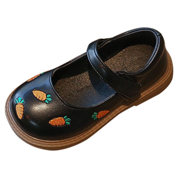 GiLiling Girls Mary Jane Shoes, Girls Flats with Carrot Embroidered Design Hook-and-Loop Strap, Leather Flats with Non-Slip Rubber Sole for Casual and Dress Wear (Black, 10-10.5 Years)