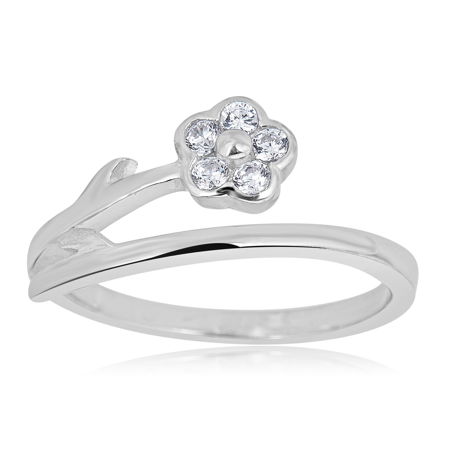 AVORA 925 Sterling Silver Adjustable Bypass Flower Toe Ring with Simulated Diamond CZ