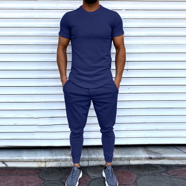 Meichang Ensembles d'Entraînement pour Hommes 2024, Survêtements de Sport Tendance, Coupe Régulière, Manches Courtes, Col Rond, Chemises de Musculation et Pantalons Longs