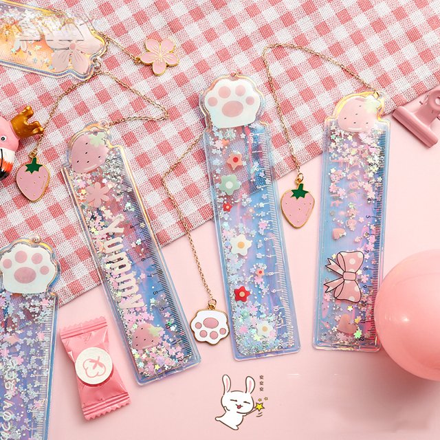1pc Random Pattern Kawaii Quicksand Rulers Girl Drawing Template Lace Sewing Ruler 5.91inch Pendant Cute Bookmark Stationery Office School Gift
