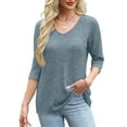 thumbnail image 4 of Zylanna Women's Pullover Sweaters, Solid Color Knitted 3/4 Sleeve V-Neck Casual Tops for Women Light Blue, 4 of 8