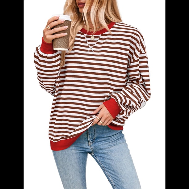 Sudadera Holgada Informal de Larga con Cuello Redondo y Bloques de Colores A Rayas de Gran Tamaño para Mujer, Estilo Y2K Café M