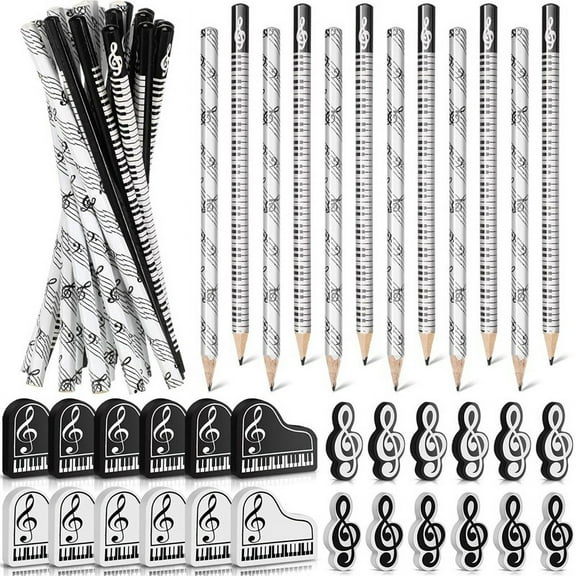 Music Pencils Music Note Pencil with Music Themed Erasers Wood Pencils Bulk Keyboard Fun Pencils Erasers Gift (48 Pcs)