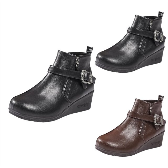 Women's Buckle Side Zipper Ankle Boots Chunky Platform Comfort Flat Sole Retro Leather Booties Equestrian Ready Footwear Fall Spring Riding Essential Black