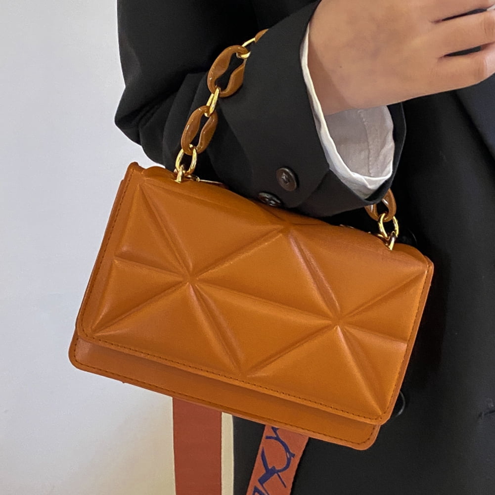Yucurem Chain Shoulder Bag Wide Strap Flap Crossbody Bag Bag Fashion for  Work (Brown) 
