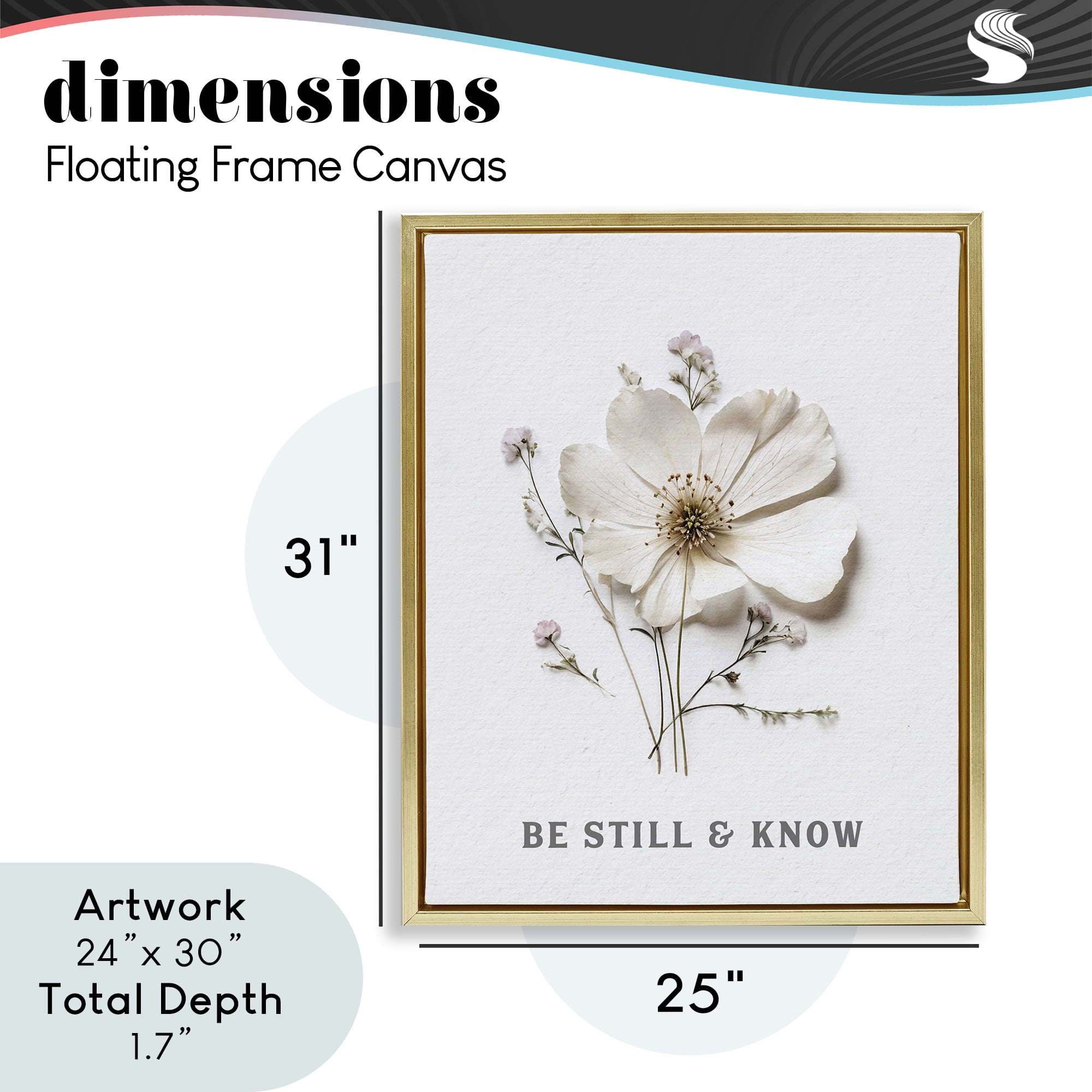 Be Still & Know Pressed Flowers Gold Framed Floater Canvas Wall Art, design by Lettered and Lined
