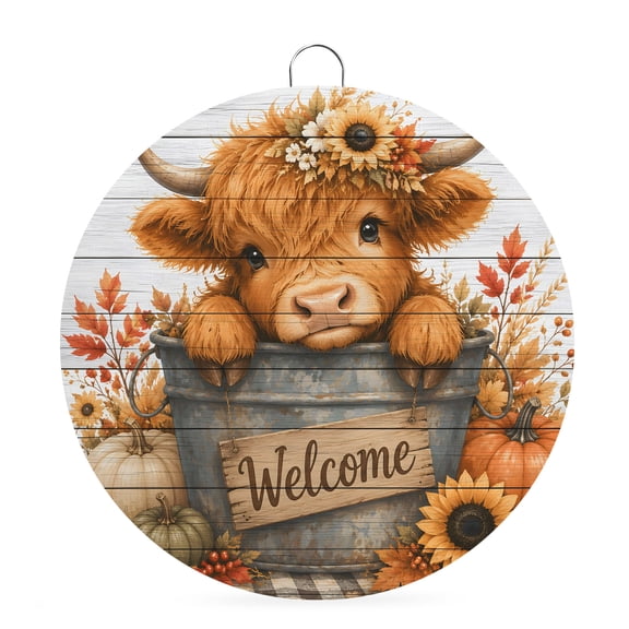 Welcome Sign for Front Door, Welcome Cute Round Metal Wall Art Wreaths, Thanksgiving Fall Pumpkins Grey Wood Outdoor Indoor Wall Hanging Sign for Porch Decor Housewarming Gifts 7.9 Inch