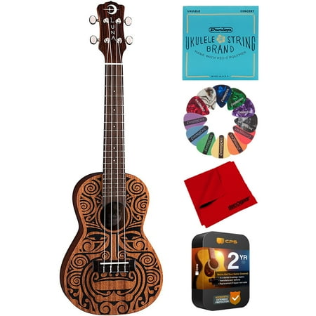 Luna UKE TRIBAL CONCERT Tribal Mahogany Concert Ukulele Satin Natural Bundle with Replacement Strings, Guitar Pick, Microfiber Cleaning Cloth and Premium 2 YR CPS Enhanced Protection Pack
