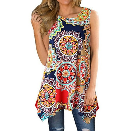 Baby Doll Tunic Tank - Maraso Women Summer Floral Printed Boho Sleeveless Tunic Blouse Tank Tops