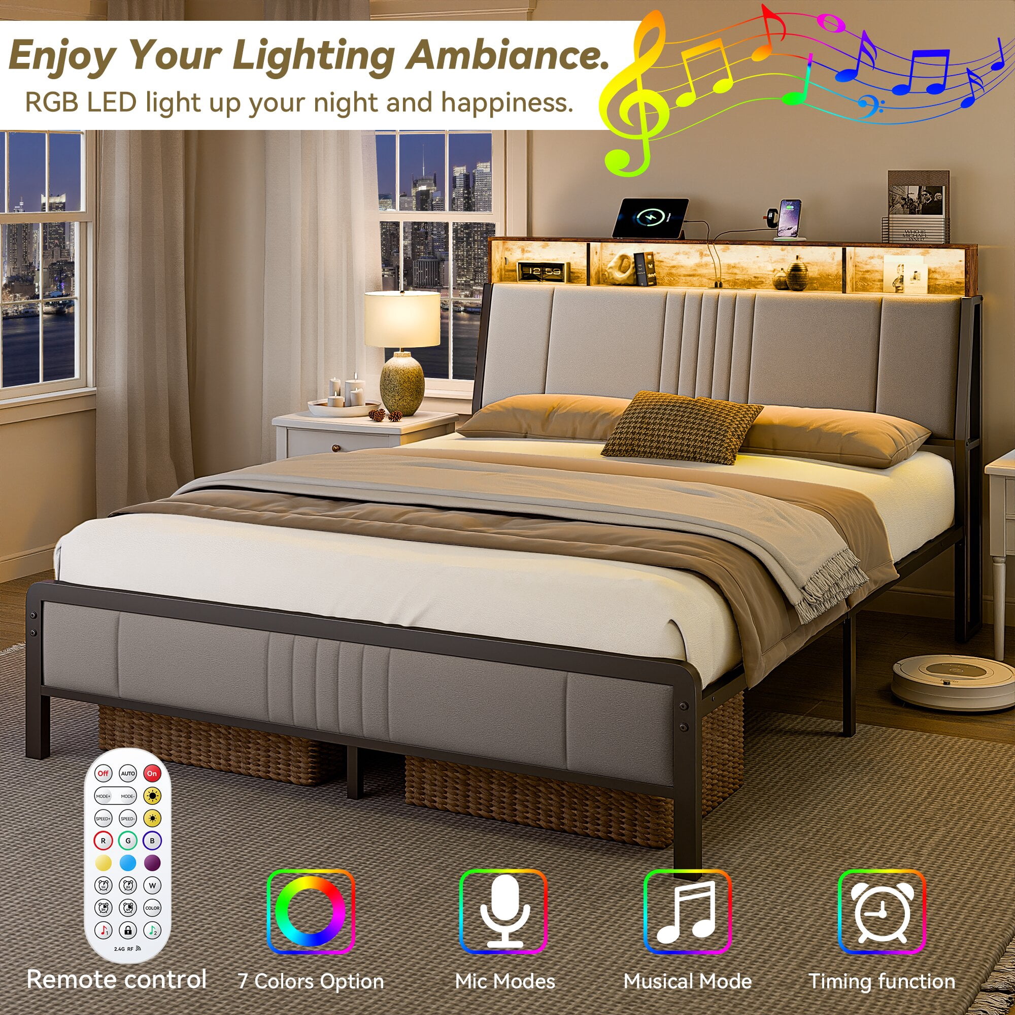 Sailvan Full Bed Frame, Metal Bed Frames with Upholstered Headboard, LED Light & Charging Station, No Box Spring Needed, Gray Velvet