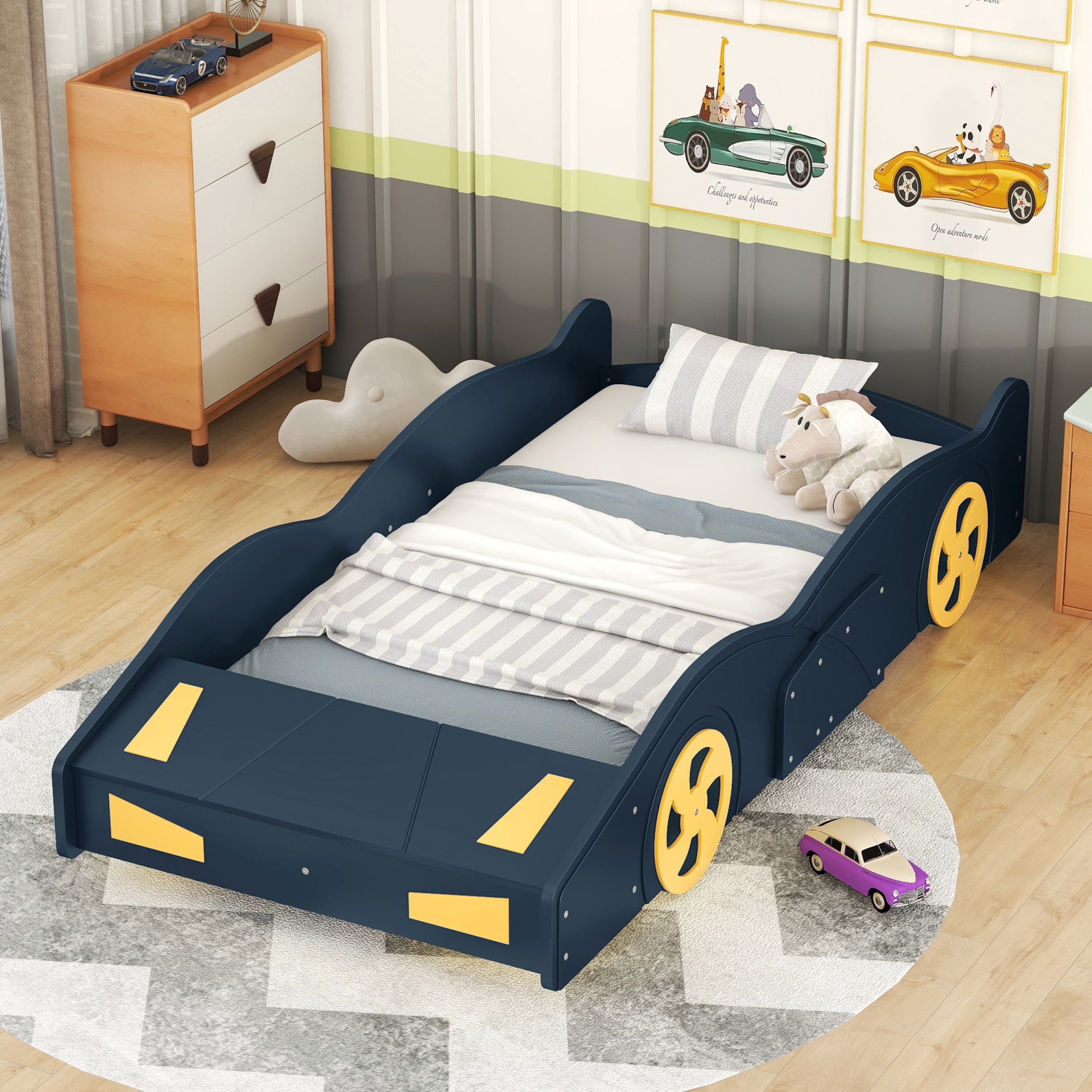 Twin Size Race Car-Shaped Platform Bed with Wheels and Storage, Dark Blue&Yellow 59AAC