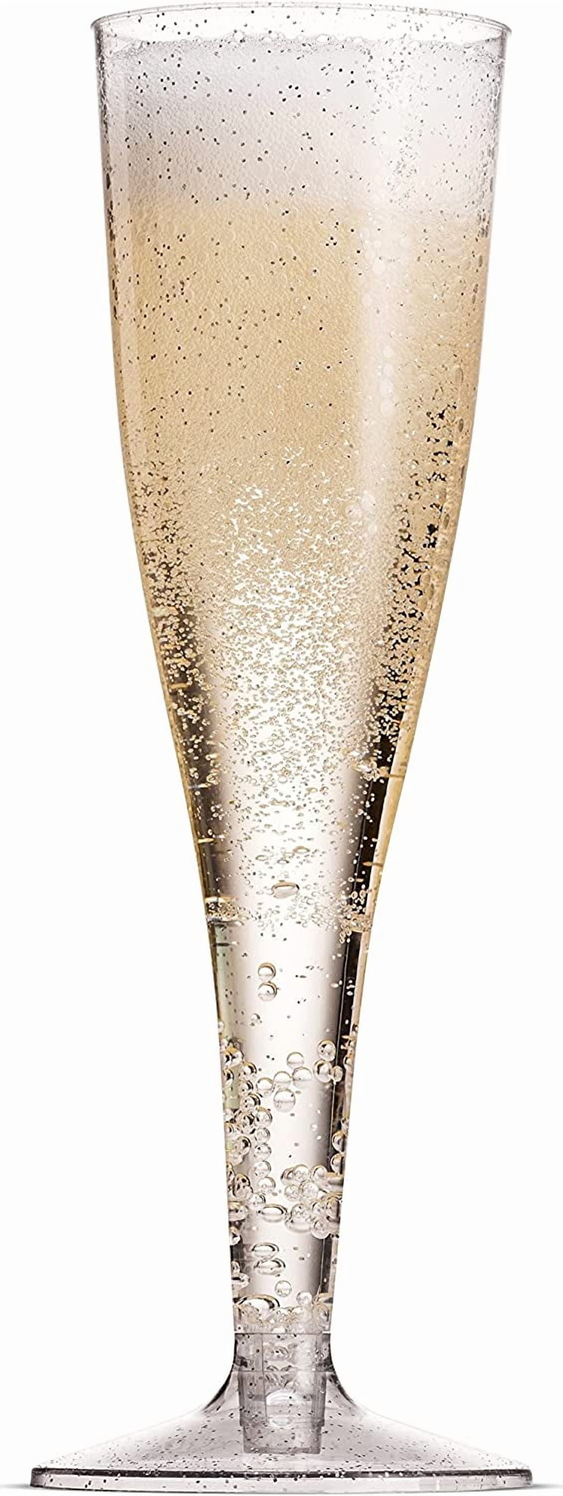 100 Plastic Champagne Flutes - 5 Oz Disposable Silver Glitter Champagne Glasses for Parties, Mimosa Bar, Events, Wedding and Shower Party Supplies - Toasting Cocktail Cups