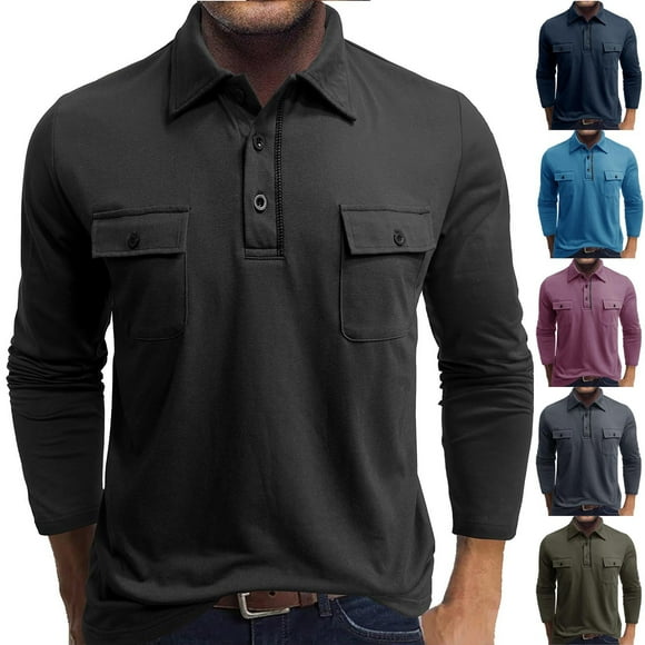 Visit the JURANMO Store Mens Casual Golf Shirts Button Up Lapel Cotton Long Sleeve Tee Shirt Lightweight Solid Fall Collared Tees with Chest Pockets Navy XXXL