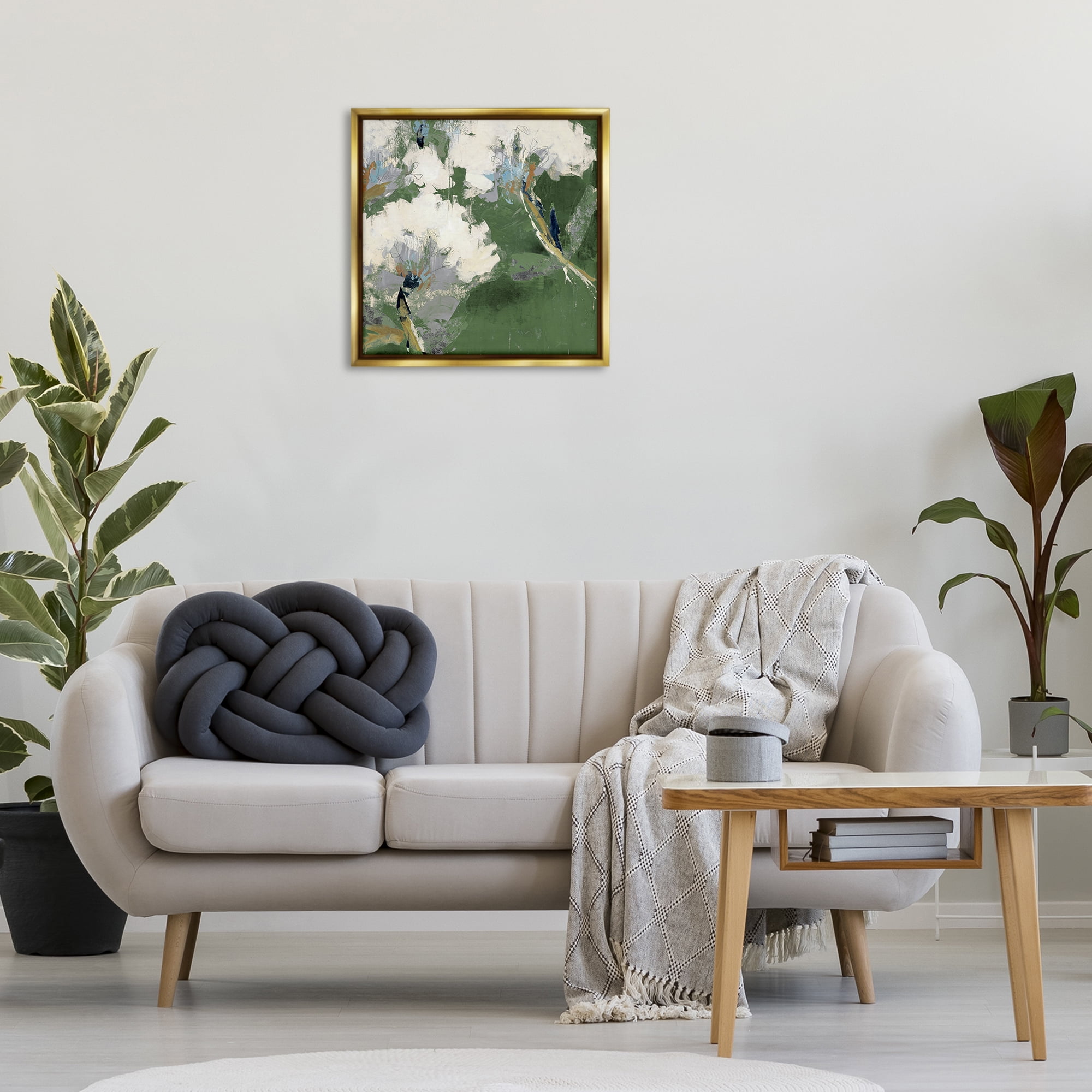 Stupell Industries Green & White Botanicals Plants & Flowers Painting Gold Floater Framed Canvas Art Print Wall Art, 25 x 25