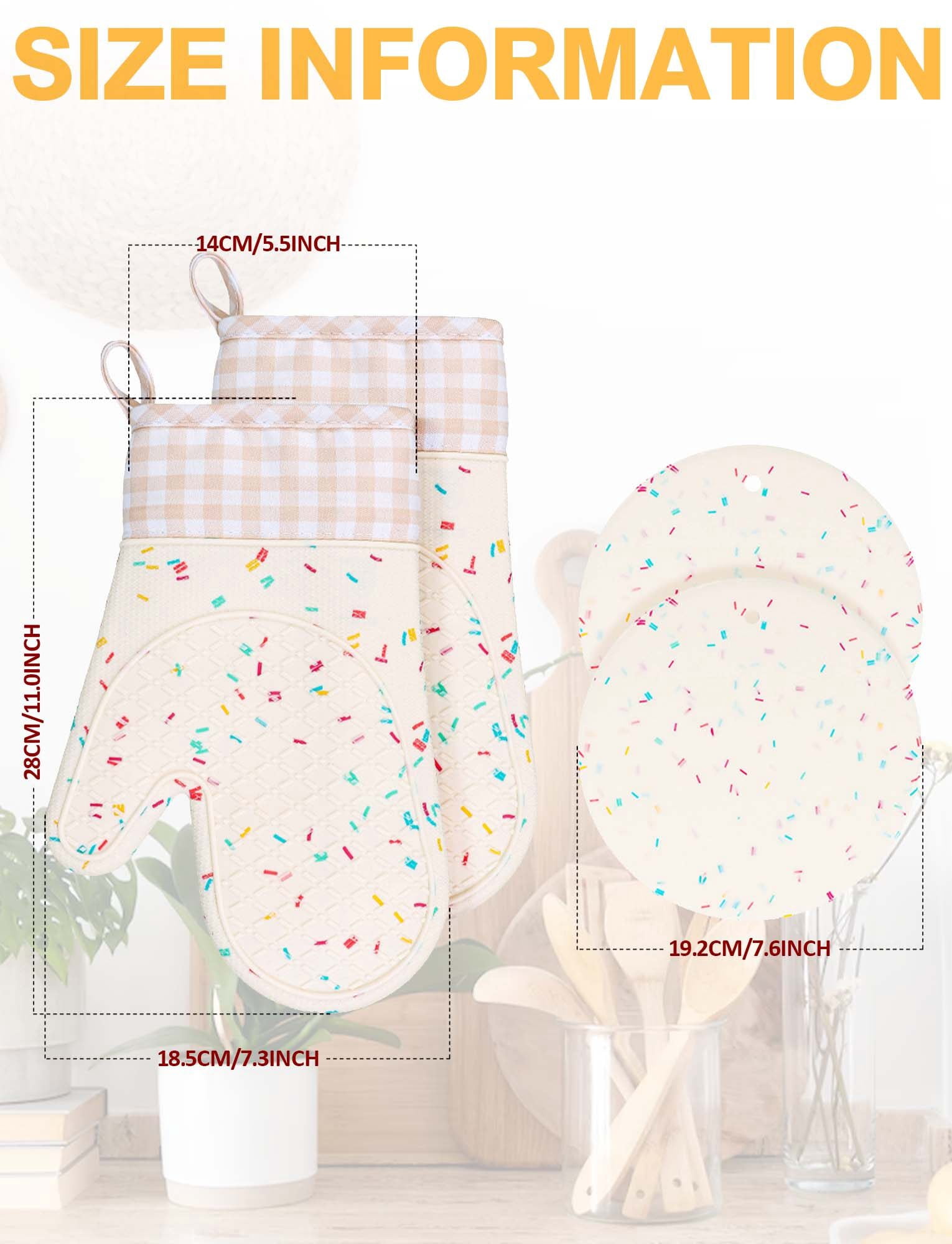 FEOYA Kitchen Oven Mitts Silicone Oven Mitten Round Pot-Holder 4 Pcs Heat-Resistant 500°F Washable Non-Slip Surface Soft Cotton Oven Gloves for Baking Cooking Grilling