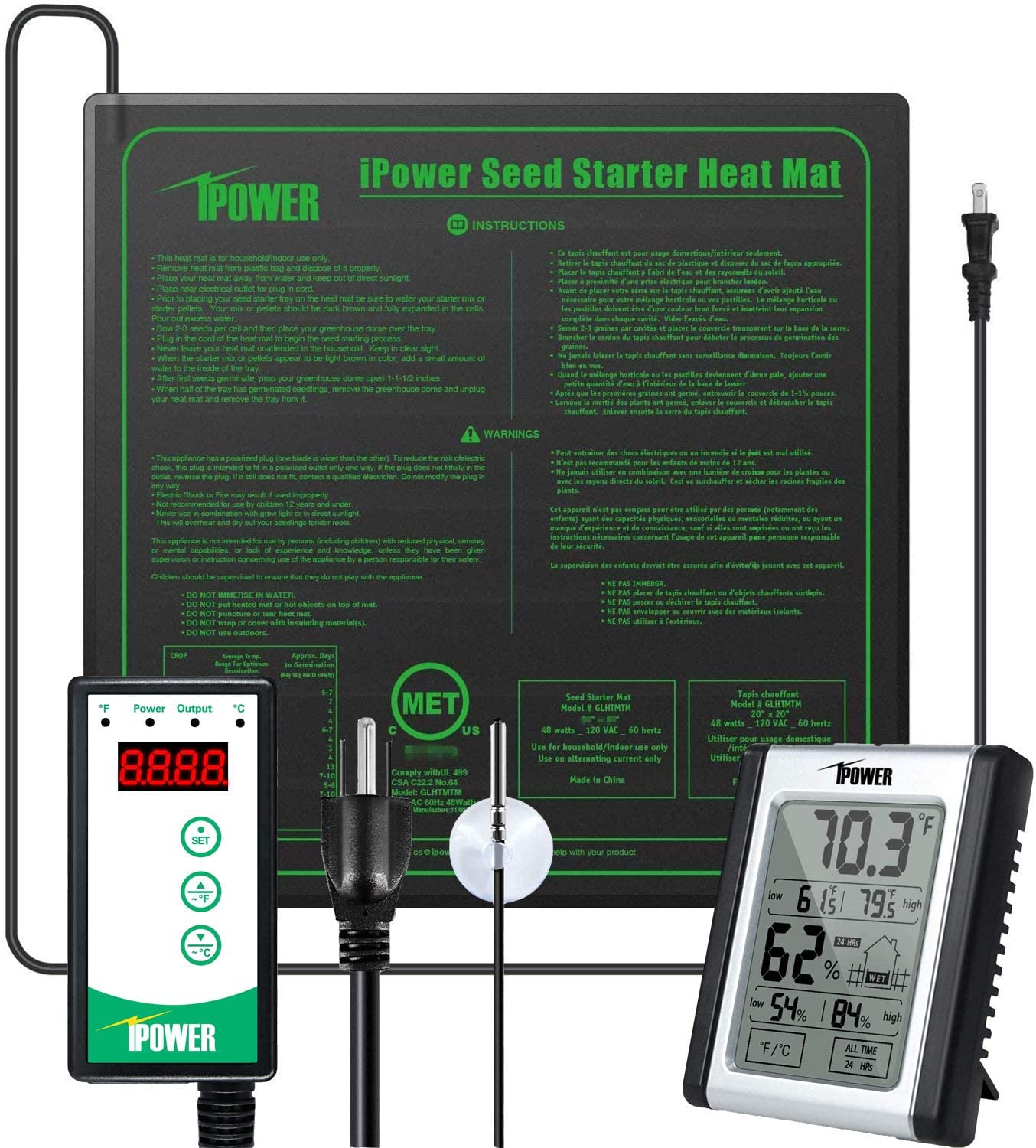 iPower GLHTMTCTRLV2HUMDHTMTM 20" x 20" Seedling Heat Mat, Hydroponic