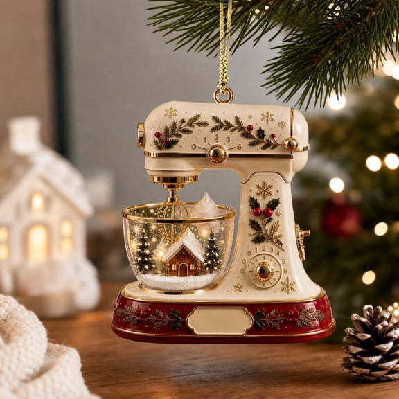 Lypsnake Baking Mixer Christmas Ornament,Cream White Stand Mixer Hanging Pendant with Christmas Tree Scene,2D Flat Acrylic Kitchen Decor for Christmas Tree