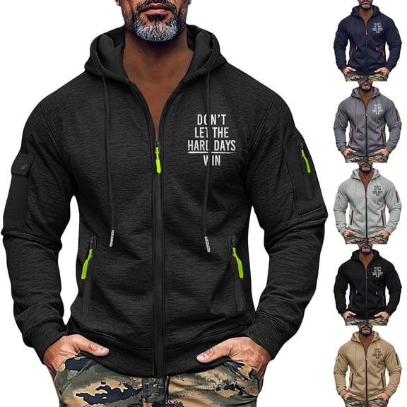 Men's Letter Print Zip Up Hoodie with Arm Pocket, Casual Cardigan Sweatshirt, Large Size Fleece Jacket with Motivational Quote for Gym, Christmas, Daily Wear,Black,L