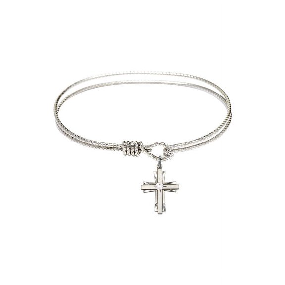 7 1/4 inch Oval Eye Hook Bangle Bracelet w/ Cross medal charm w/ April Crystal Swarovski Crystal