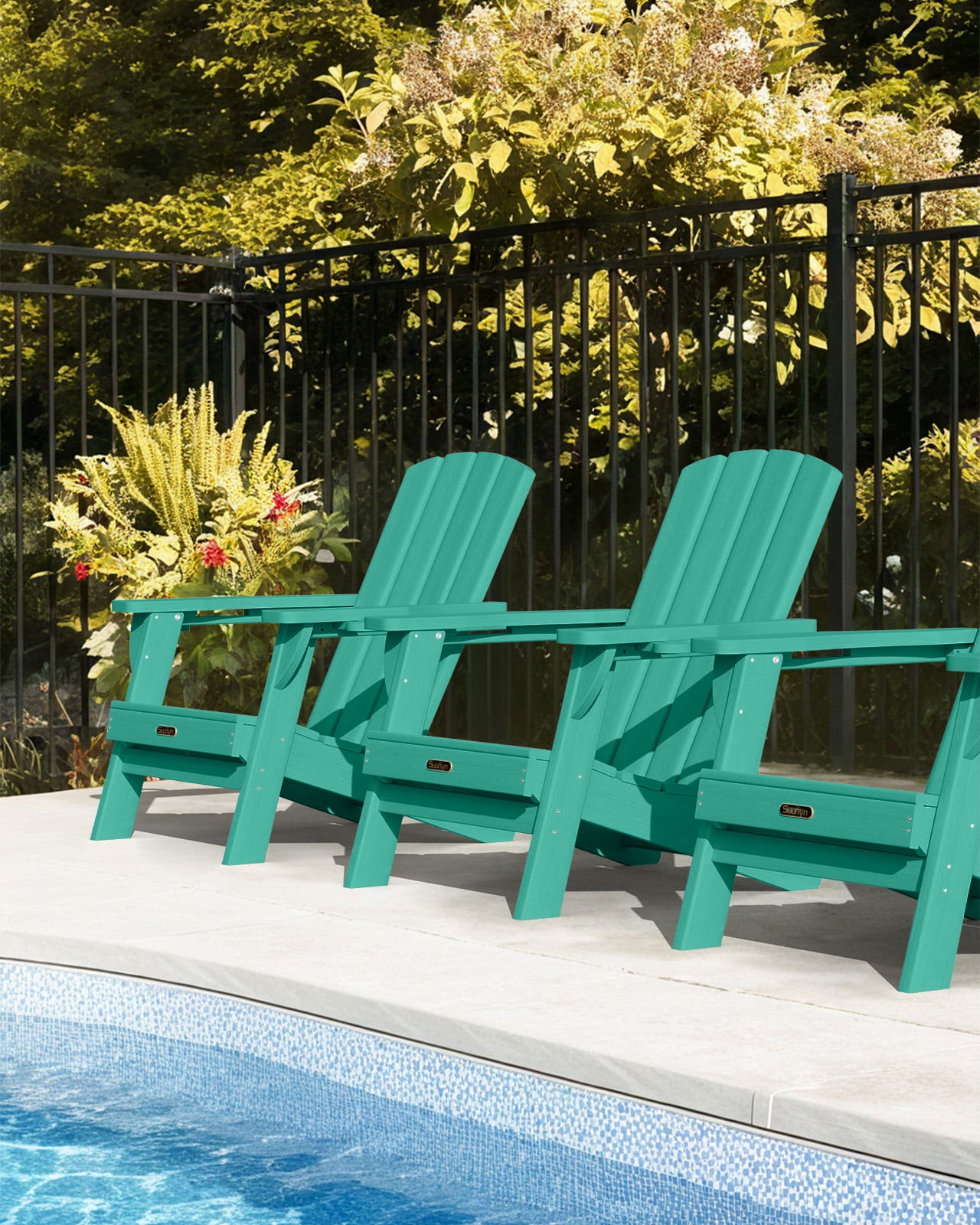 Folding Adirondack Chair, HDPE All-Weather Lawn Chair with 2 Cup Holder, Patio Garden Outdoors Fire Pit, Aqua