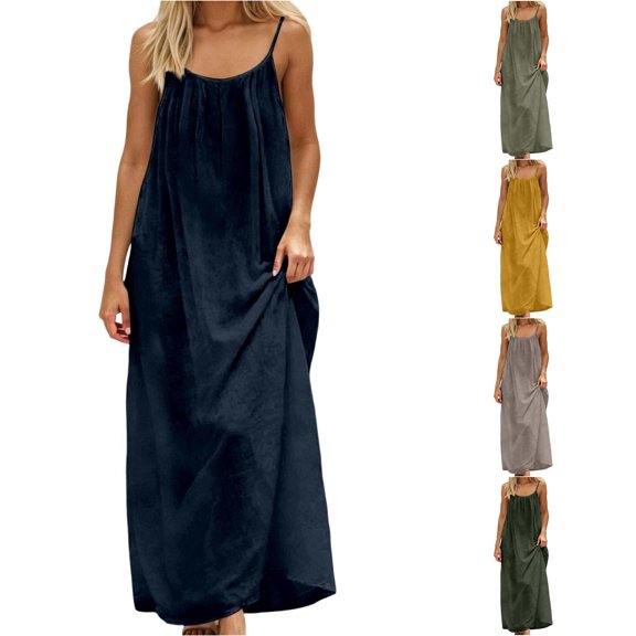 Wxolcjlv Spaghetti Strap Maxi Dress for Women Relaxed Fit Casual Daily Beach Holiday Long Dress