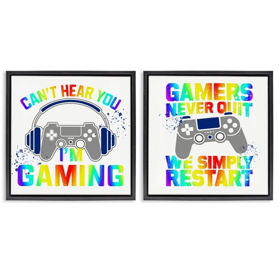 Rainbow Retro Gaming Phrases 2 Piece Black Framed Floater Canvas Set, design by Kim Allen