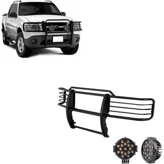 Black Horse Grille brush Bumper Guard Modular Black Come With pair of 7.0"LED Lights with Black Trim Rings Compatible with 2001-2003 Ford Explorer Sport|2001-2005 Ford Explorer Sport Trac-17FJ24MA-PLB