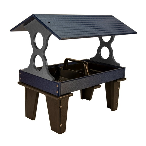 JCs Wildlife Large Ground Fly Thru Bird Feeder - Holds 8 Cups of Seed - Removable Tray for Easy Cleaning - Covered Platform Feeder - Blue and Gray
