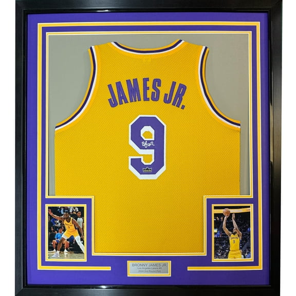 Framed Facsimile Autographed Bronny James Jr. 35x39 Los Angeles LA Yellow Reprint Laser Auto Basketball Jersey