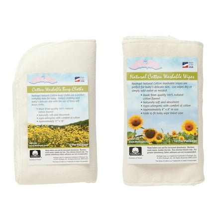 NuAngel All-Natural Single Layer Cotton Burp Cloths & All-Natural Washable Cotton Wipes Set, White