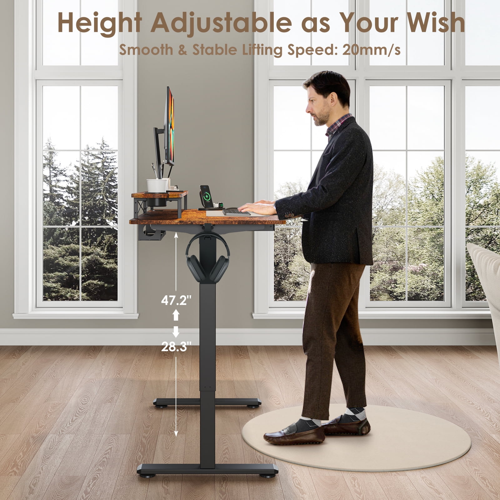Erinnyees Electric Standing Desk with Drawer & Cup Holder, 48" x 24" Adjustable Height Sit Stand Computer Desk with Splice Board for Home Office