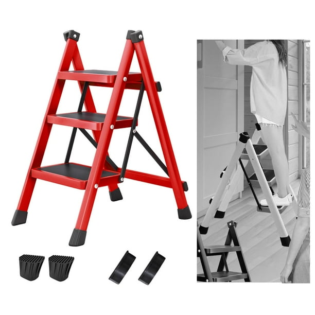 Escalera de mano de 3 escalones plegable de acero al carbono con pedal antideslizante plegable para el hogar, taburete ligero para el hogar, escalera rojo