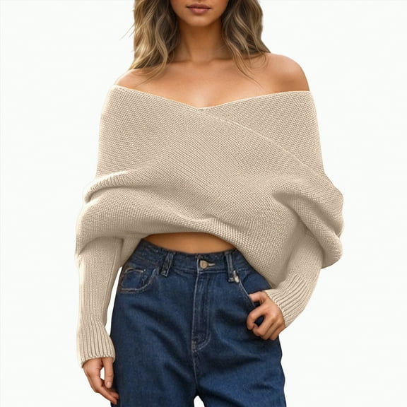 Towmus Off The Shoulder Tops for Women Long Sleeve Going Out Y2K Tops Knit Pullover Fall Outfits ,Beige ,One Size