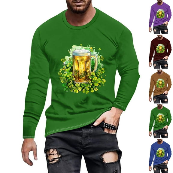 ZRGHAOYLQ St. Patrick's Day Shirts for Men Green Shamrock Gnomies Graphic Tees Cozy Long Sleeve Pullovers Tops Plus Size Crewneck Big and Tall Men Going Out Shirts for St Patricks Days