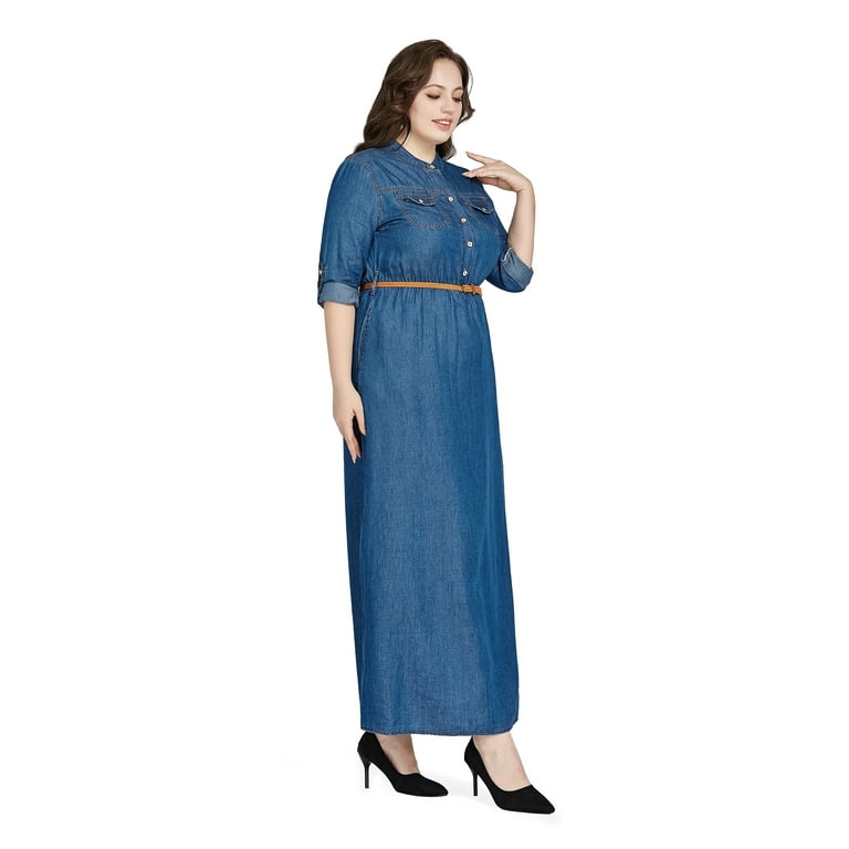 MECALA Womens Plus Size Denim Maxi Dress Belted Roll Up Sleeve Long Shirt  Dress,Light Blue,4XL 
