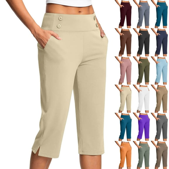 QATAINLAV Womens Dressy Capri Pants Solid Casual Side Split Cropped Work Trousers High Waist Stretch Golf Capris Pants for Summer with Pockets Khaki XXL Ofertas Del Dia de Hoy Relampago