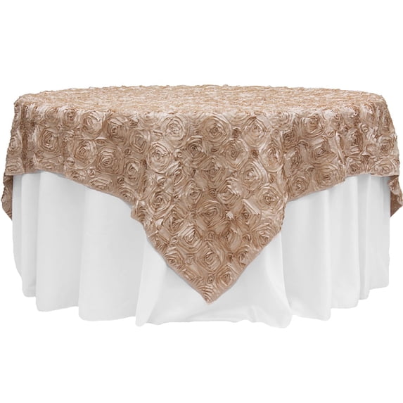 Rosette Satin Table Overlay Topper Edge: Serged 85"x85" - Champagne