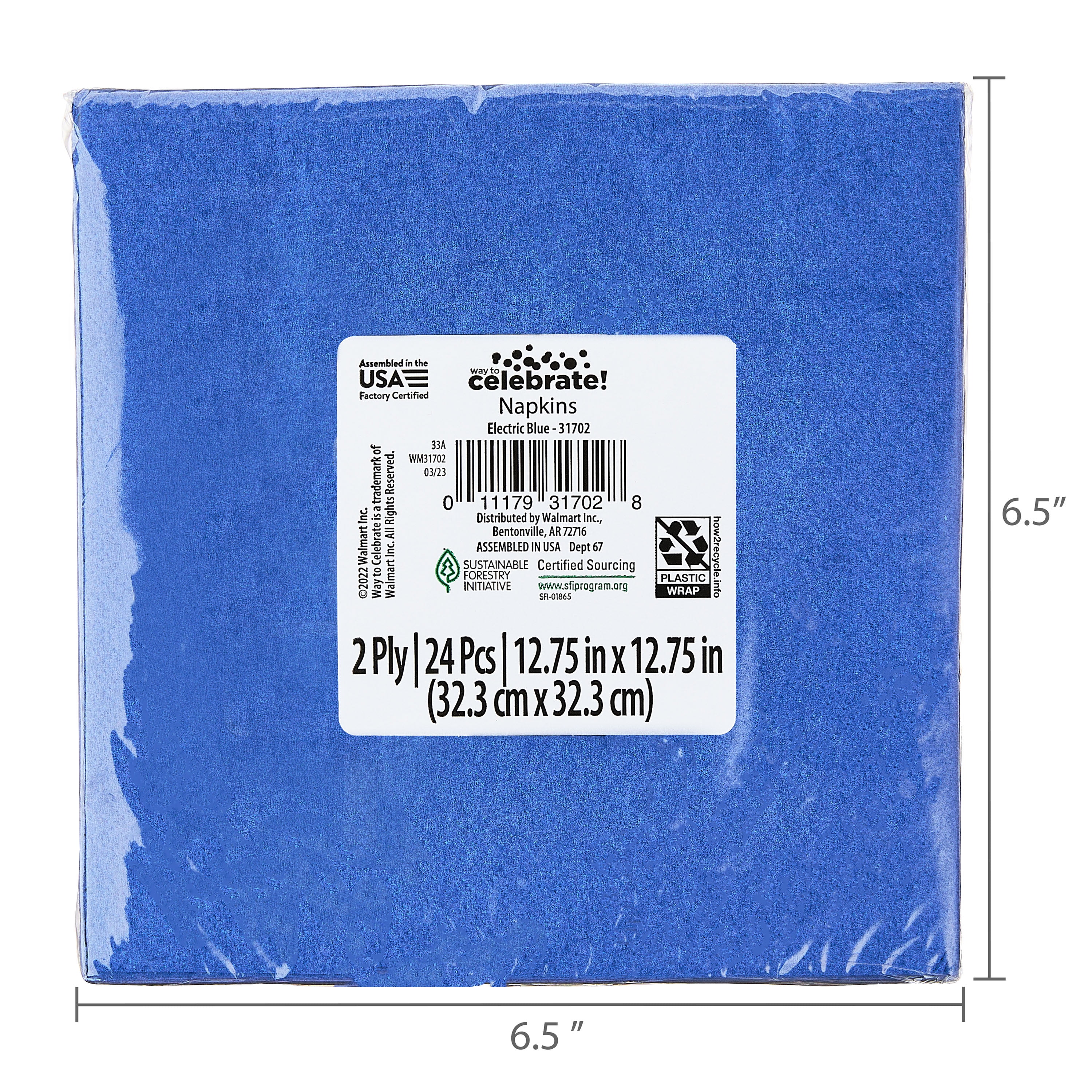 (6 pack) Way To Celebrate Blue Disposable Paper Napkins, 6.5 in x 6.5 in, 24 Count