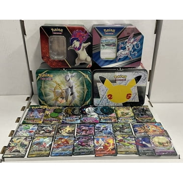 50 Assorted Pokemon Cards in a Pokemon tin - 1 Ultra Rare Card - 1 Factory Sealed Pokemon Booster Pack - 1 Coin